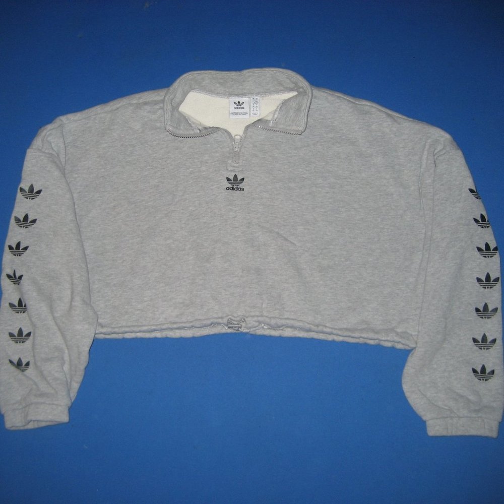 Adidas Womens Trefoil Gray Cropped Sweatshirt 1/4 Zip Size XL Excellent